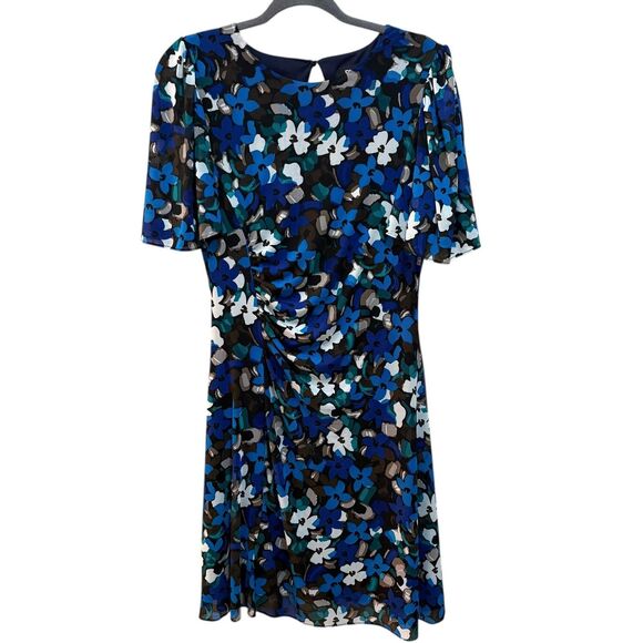 DKNY Dress Womens 8 Blue Floral Short Sleeve Ruched Jersey Sheath Knee Length - Picture 2 of 6